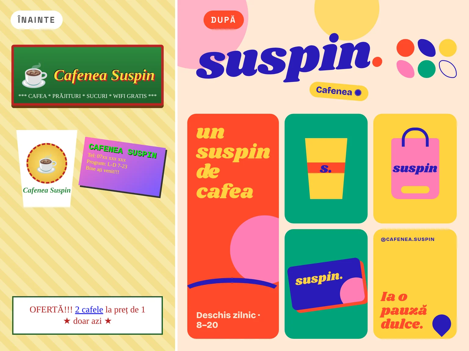 Rebranding Cafenea Suspin: identitate veche (Înainte) și sistem vizual nou (După)